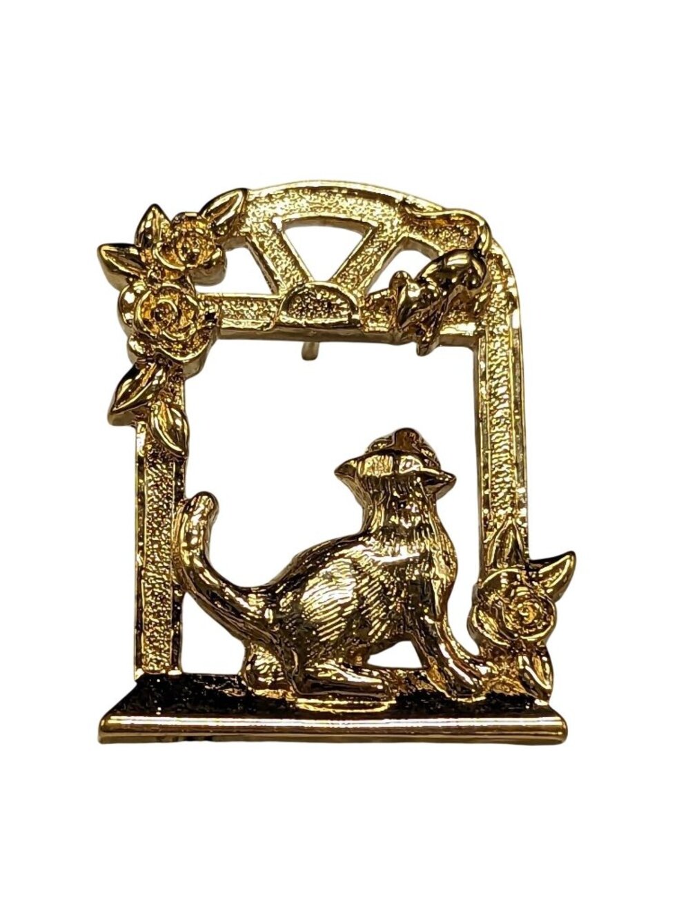 Vintage Avon Gold-Tone Cat In Window Pin Brooch Floral Arch Elegant Collectible